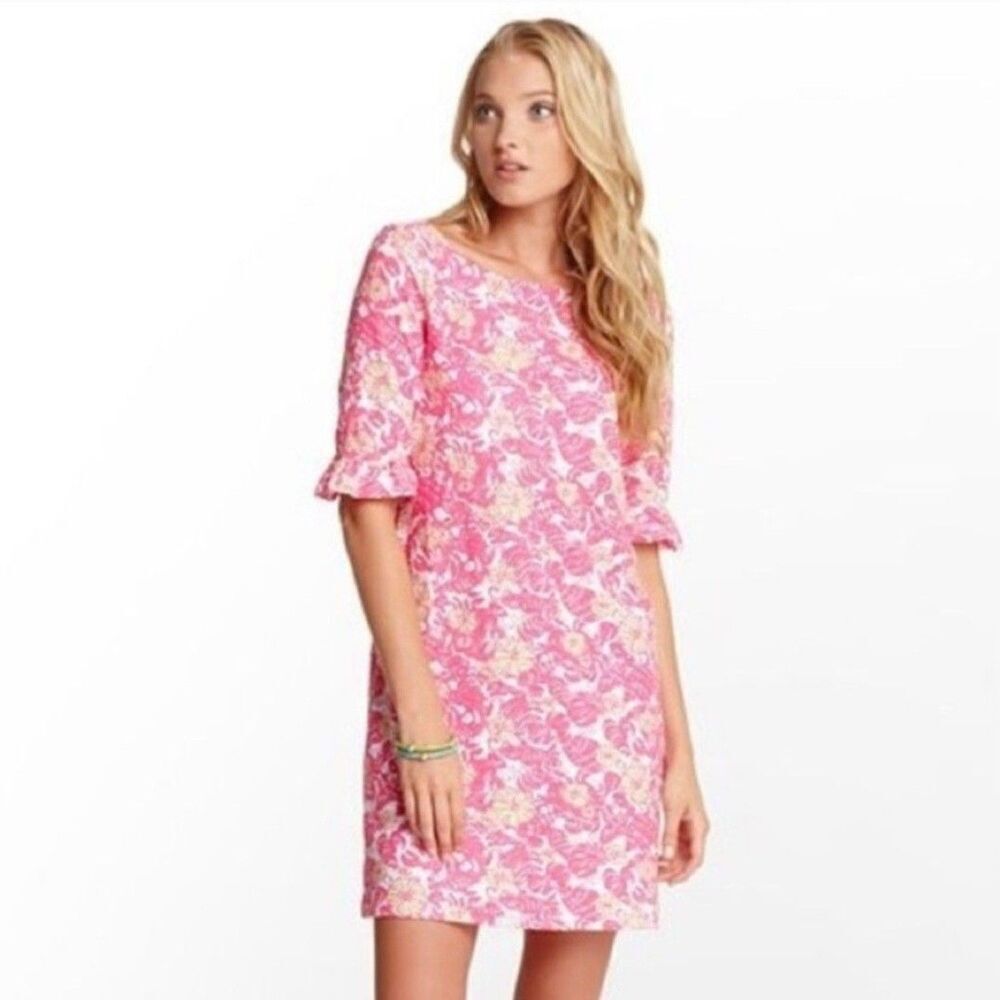LILLY PULITZER Somerset Resort Chum Bucket Dress Pink‎ Fish Flowers Womens XS